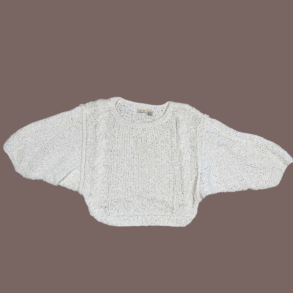 Liz Claiborne Vintage Silk Cotton Chunky Loose Knit Cream Crop Sweater Medium - Picture 3 of 11